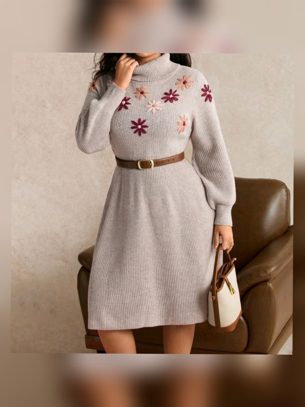 Floral Embroidered Turtleneck Knit Dress - Light Gray